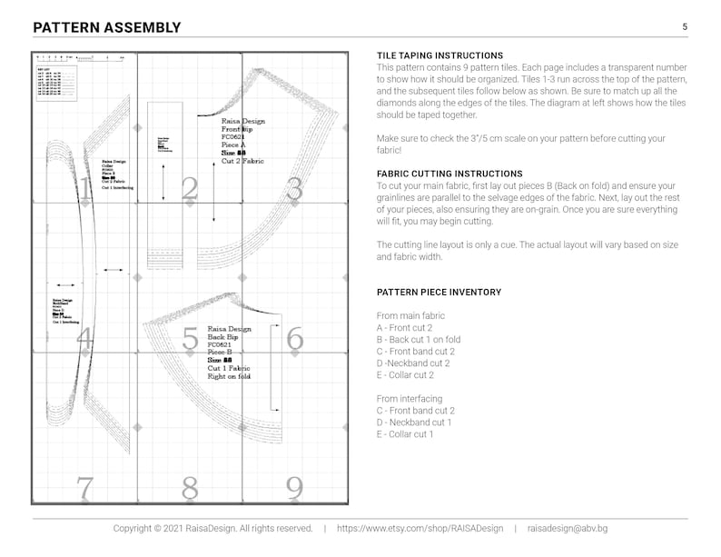 May include: A black and white sewing pattern for a garment with instructions for assembling the pattern pieces. The pattern includes nine tiles that are numbered 1 through 9. The pattern is labelled "Pattern Assembly".