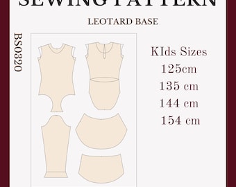 Może przedstawiać: Wzór szycia do podstawy body, z instrukcjami dla rozmiarów 125 cm, 135 cm, 144 cm i 154 cm. Wzór zawiera cztery części: przód, tył, rękaw i nogawka.
