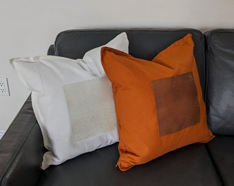 Leather + Cotton Fabric Pillow, Luxury Cushion, Snakeskin Pillow Cover, Designer Pillow, 20 X 20 Inch