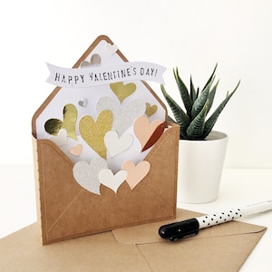 Valentine's Day 3D Pop Up Box Card | Envelope full of Hearts | Unique Handmade Gift For Him Her Love Special Gold Foil Glitter Silver Rose