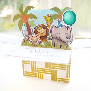 Jungle / Safari Animals Pop-Up Geburtstagskarte Karte | Personalisierbar | Geburtstagskinder Kleinkind Löwe Elefant Junge Mädchen