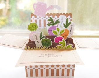 Veggie Garten Geburtstagskarte | Handgemachte Pop-Up 3D Box Karte | Gärtner/in Kleingartengemüse