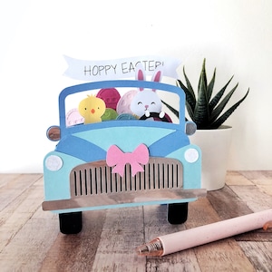 Zając Wielkanocny i Kurczak Vintage Car Pop-Up 3D Box Card | Unikalny ręcznie robiony prezent w postaci jajka wielkanocnego Dekoracja dla dzieci Specjalna ciężarówka