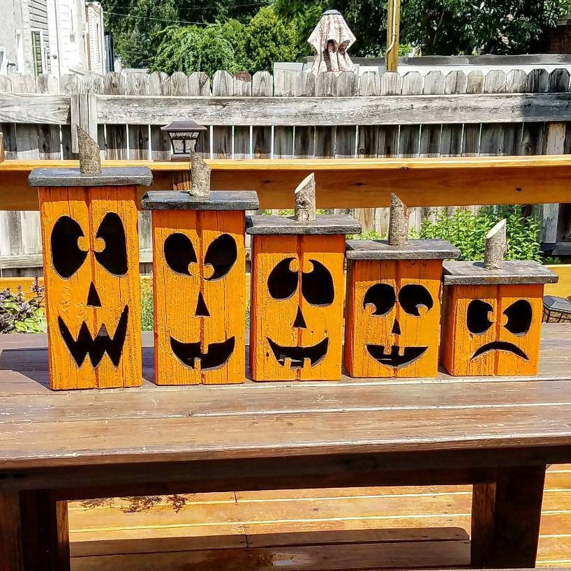 Reclaimed wood jack-o-lantern, wood pumpkin lantern, fall decoration,…