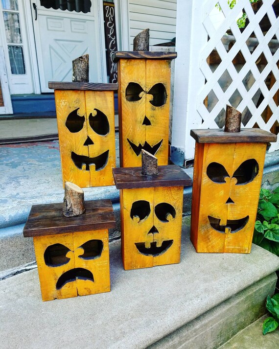 Set Of 5 Wooden Jack O Lanterns Wood Pumpkin Lantern Fall Etsy