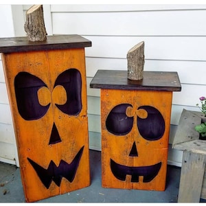 Jumbo reclaimed wood jack-o-lantern, wood lantern, fall decoration, porch decoration, wood jack-o-lantern, Halloween decor image 1