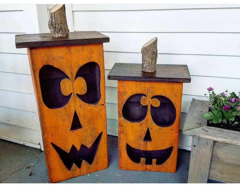 Jumbo reclaimed wood jack-o-lantern, wood lantern, fall decoration, porch decoration, wood jack-o-lantern, Halloween decor image 1