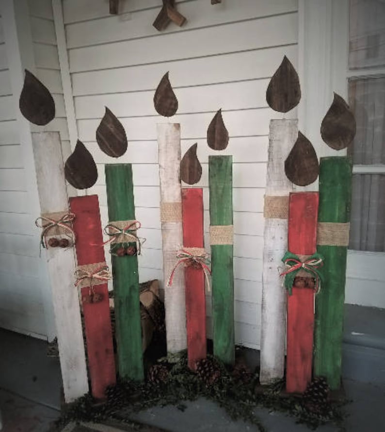 Reclaimed wood Christmas candles, holiday porch decor, standing Christmas decorations, candles, fireplace decor, pallet wood porch sign image 3