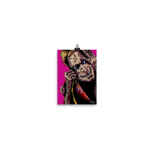 May include: A digital illustration of a man with a bloody face and sunglasses, holding a red knife. He is wearing a yellow and black jacket and has a sinister smile. The background is pink.