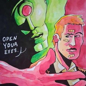 Puede incluir: Pintura a la acuarela que presenta una figura verde con aspecto de alienígena con un gran ojo rojo y un hombre con vendas. El texto "OPEN YOUR EYES" está escrito en blanco. La obra de arte tiene un estilo surrealista de cómic.