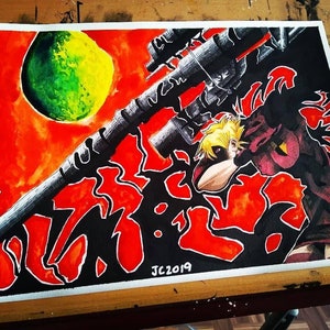 May include: A watercolor painting of a character holding a large rifle with a red and black background. The character has blonde hair and is wearing a red and black outfit. The background features a large, green and yellow moon.