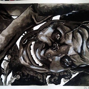 Puede incluir: Una pintura de acuarela en blanco y negro de la cara de una persona con una amplia sonrisa de dientes. Los ojos de la persona están muy abiertos y su expresión es de alegría intensa o locura. La pintura está hecha en un estilo realista y los detalles son muy nítidos.