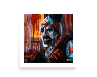 May include: A painting of a creepy clown with a bloody face and a red and blue costume. The clown is smiling with sharp teeth and has a black hat on. The background is a dark red and yellow.
