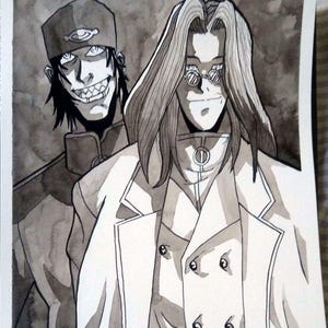 May include: Black and white illustration of two men. The man on the left is wearing a red hat and a dark jacket. The man on the right is wearing a white coat and glasses. The text "3C2025" is in the bottom right corner of the image.