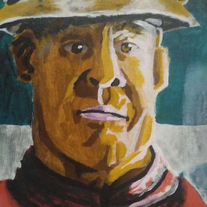 May include: A painting of a man wearing a brown hat with a white band. He has a serious expression on his face and is wearing a red and black scarf.