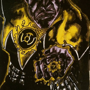 Op de afbeelding: Een zwart-gele illustratie van een superheld die een geel kostuum draagt met een zwart symbool op de borst. De superheld houdt een gele ring in zijn hand.