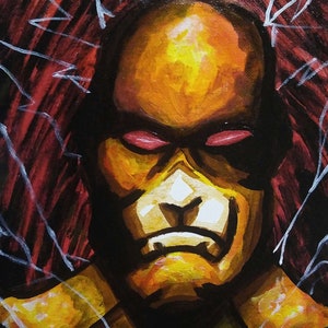 May include: A painting of a bald, yellow-skinned man with red eyes. He has a serious expression and is surrounded by red and white lines.