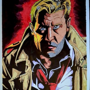 Op de afbeelding: Illustratie van een man met blond haar, blauwe ogen en een sik, gekleed in een beige trenchcoat over een wit overhemd en rode stropdas. De achtergrond is donkerrood, met sterke schaduwen en highlights. Gesigneerd "JC2026".