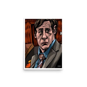Puede incluir: Una ilustración digital de un hombre con cabello castaño y un traje gris. Lleva una camisa azul y una corbata marrón y naranja. El fondo es un panel de madera oscura.