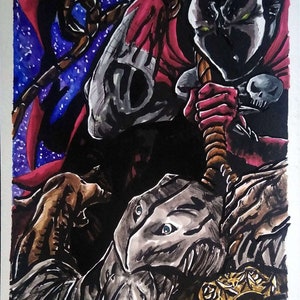 May include: A black and red superhero character with a skull on their chest, holding a weapon, stands over a defeated, gray, humanoid figure with blue eyes. The background is a dark blue with white stars.