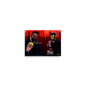 Może przedstawiać: Ilustracja w stylu komiksowym przedstawiająca dwóch mężczyzn. Mężczyzna po lewej trzyma żółty cytryn. Mężczyzna po prawej ma na sobie zieloną maskę i trzyma łom. Tekst brzmi "Well BLOODY HELL! I could certainly get used to this!"