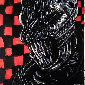 May include: A black and white illustration of a creature with a menacing expression. The creature has a large, detailed head with a mask-like covering. The background is a red and black checkered pattern.