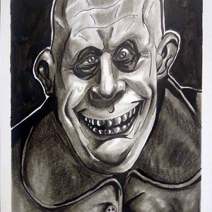 May include: Black and white ink drawing of a man with a bald head, a large smile, and a dark jacket. The man has a large nose and a wide mouth. The drawing is signed "JC 2021" in the bottom right corner.