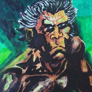 May include: A painting of a man with a serious expression. He has gray hair and a dark beard. The background is a dark green.