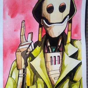 May include: Watercolor painting of a robot wearing a green coat and a green hat. The robot has a large, toothy smile and is holding up one finger. The background is a pink watercolor wash.