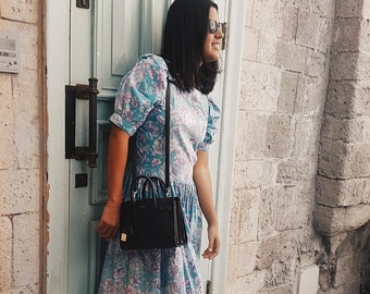 Floral dress, Midi dress, Cotton dress, Short sleeve dress,  fit and flare dress, turquoise dress, summer dress, spring dress, holiday dress