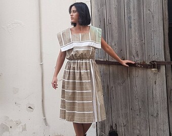 Beige dress, Striped dress, Casual gown, summer dress, sleeveless dress gown, loose cotton dress, midi dress, knee length gown, day dress