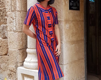 Striped dress, blue dress, orange dress, cocktail dress, collared dress, day dress, knee length gown, casual dress, short sleeve dress