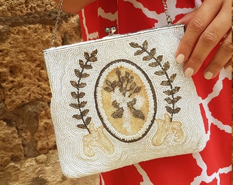 Evening Clutch bag, Evening purse, Beaded handbag, Purse with beads, White evening bag, White clutch, Antique Clutch bag, Vintage purse