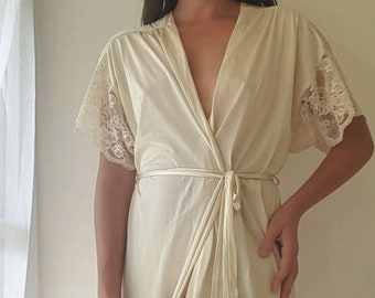 Womens Lingerie, Womens night robe, Sexy lingerie, Cream colour, Lace, Size M, Vintage lingerie, Robe with belt, Sexy robe, Anniversary