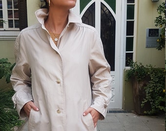 Woments Trenchcoat, edlen Mantel, Beige Mantel, langen Mantel, Wintermantel, Übermantel, leichter Mantel, Vintage Trenchcoat, Button up Mantel, Kragen