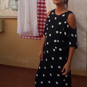 Polka Dot Kleid, Marine blau Kleid, Sommer, über große Kleid, große Größe, offene Schultern Kleid, unter dem Knie Kleid, Vintage Polka Dot Kleid