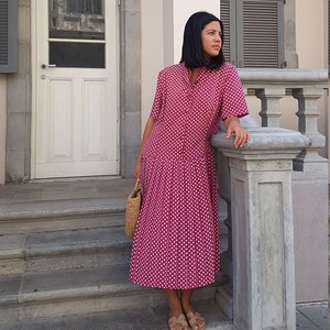 Polka dots, vintage dress, Pleated dress, Bordeaux dress, Midi dress, Button up dress, Day Summer dress, short sleeve dress, Spring dress image 1