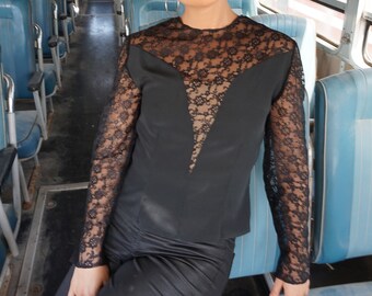Vintage 80's Womens Lace Blouse, Black Sexy Deep V neck Evening Long Sleeve Blouse, Ladies Event Wedding Size M Top With a zipper and button