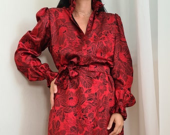 Vintage 80's Womens Red Dress, Scherrer Long Sleeve Below the Knee Silk Dress, Floral Asian Japanese Style Elegant Dress, Hight Turtle neck