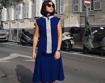 Royal Blue dress, Wedding guest dress, Beaded dress, fit and flare dress, Vintage dress, sleeveless dress, high collar dress, Fancy dress