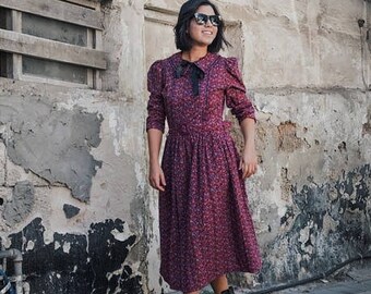 Floral dress, Collared dress, Long sleeve dress, Winter dress, Belted dress, Cotton dress, 50s dress, Vintage dress, Midi dress, Purple