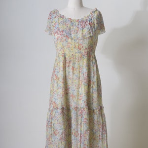 Vintage 60's Floral Dress, Womens Silk Floral Summer Off The Shoulder Dress, Size M Rubber on waist Beach Dress With Lining Timeless image 3