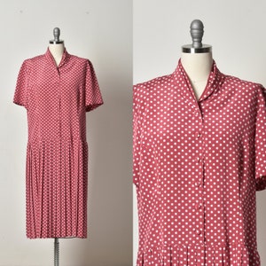 Polka dots, vintage dress, Pleated dress, Bordeaux dress, Midi dress, Button up dress, Day Summer dress, short sleeve dress, Spring dress image 2