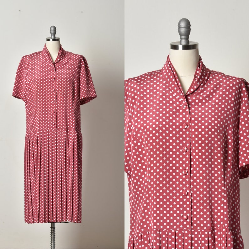 Polka dots, vintage dress, Pleated dress, Bordeaux dress, Midi dress, Button up dress, Day Summer dress, short sleeve dress, Spring dress image 2