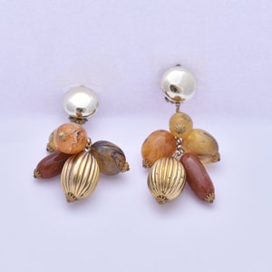Stone earrings, Clip on earrings, Drop earrings, Gold earrings, Statement earrings, Boho earrings, Ethnic earrings, Vintage earrings, 70s image 2