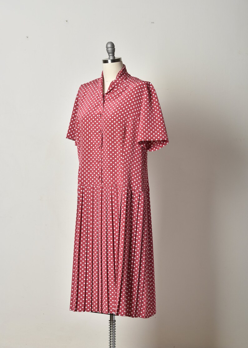 Polka dots, vintage dress, Pleated dress, Bordeaux dress, Midi dress, Button up dress, Day Summer dress, short sleeve dress, Spring dress image 6