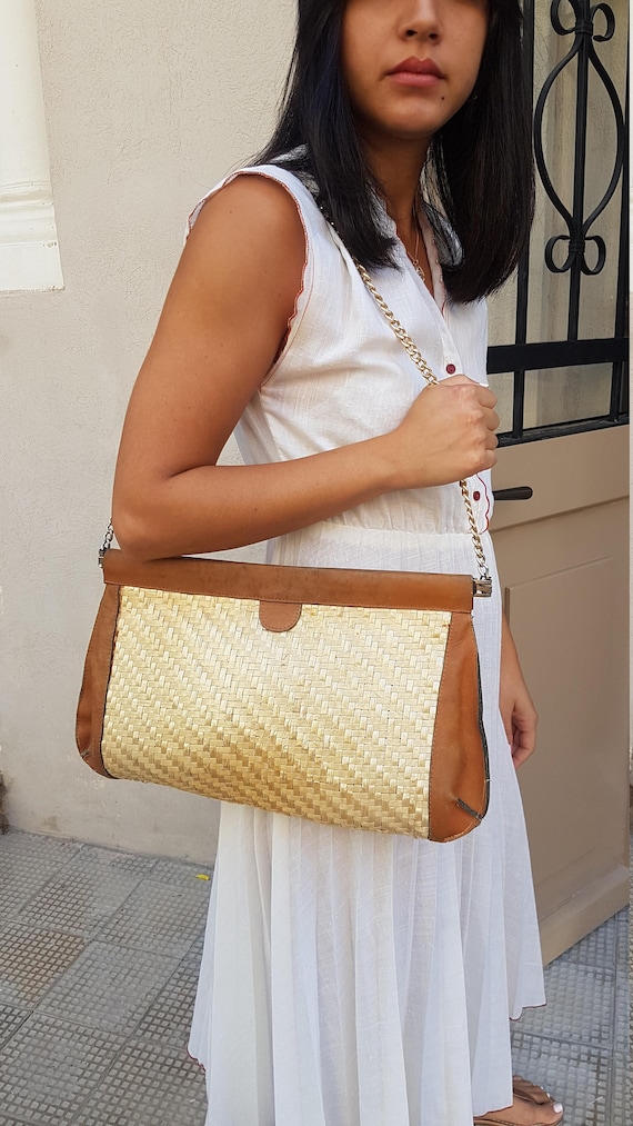 Straw bag, Straw handbag, Straw purse, Leather bag