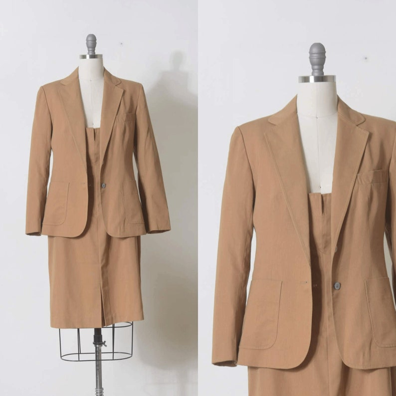 Womens suit, Dress and blazer set, Vintage suit, Brown suit, Womens 2pc suit, Size M L, Fall winter set, Evening suit, Knee length dress image 3