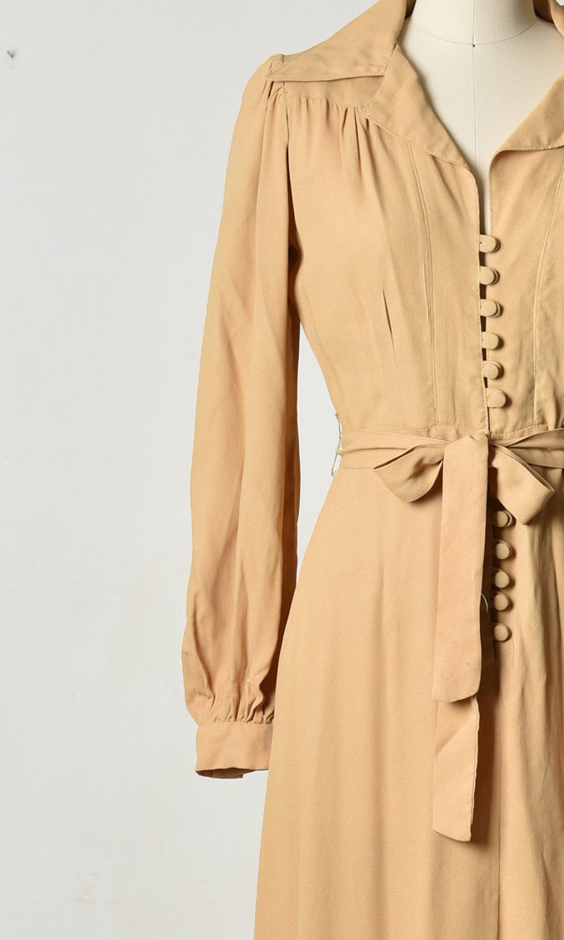 70's Vintage Maxi dress, Long Floor length Beige dress, Button up Collared Evening Wedding guest, Size M Belted Spring Wide sleeves dress image 5