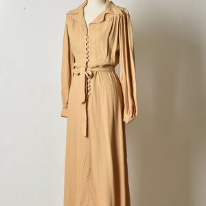70's Vintage Maxi dress, Long Floor length Beige dress, Button up Collared Evening Wedding guest, Size M Belted Spring Wide sleeves dress image 6